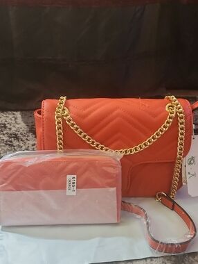 Orange Quilted Crossbody Bag with Gold Chain Strap and Matching Wallet